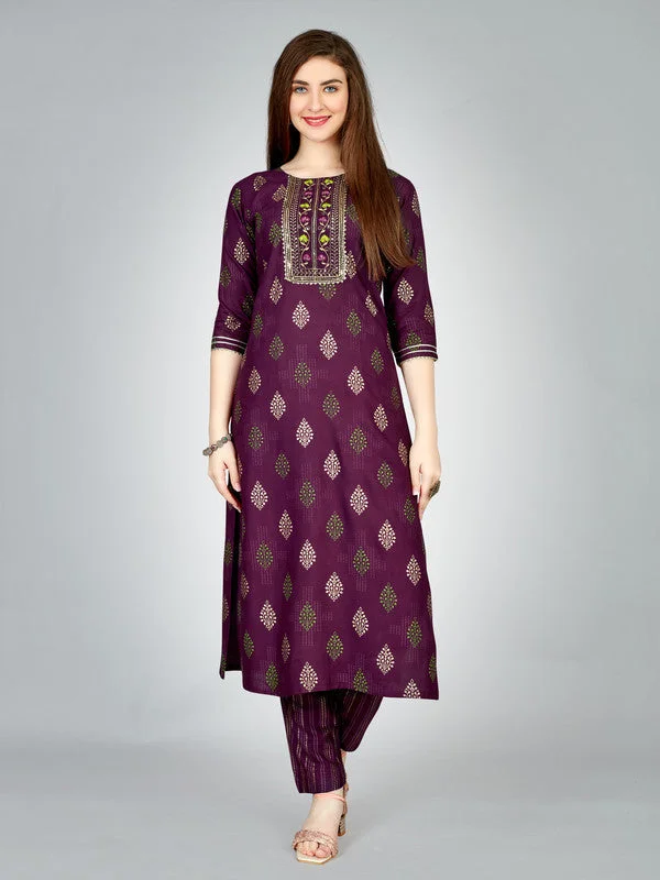 NOZ2TOZ Women Embroidered Rayon Kurta Pant Set - Purple Cozy Fitted Pants