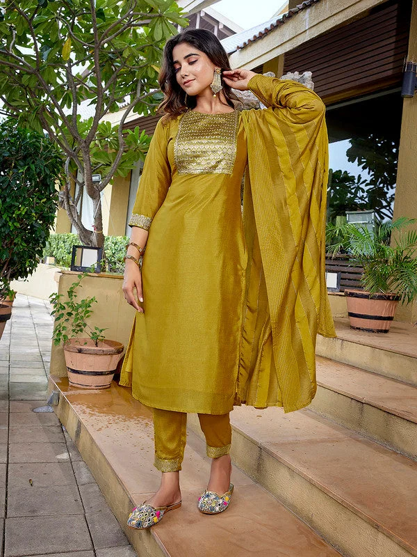 NOZ2TOZ Women's Silk Blend Solid Straight Kurta Pant With Dupatta - Mustard Relaxed Casual Leggings NOZ2TOZ Women's Silk Blend Solid Straight Kurta Pant With Dupatta - Mustard Relaxed Casual Leggings