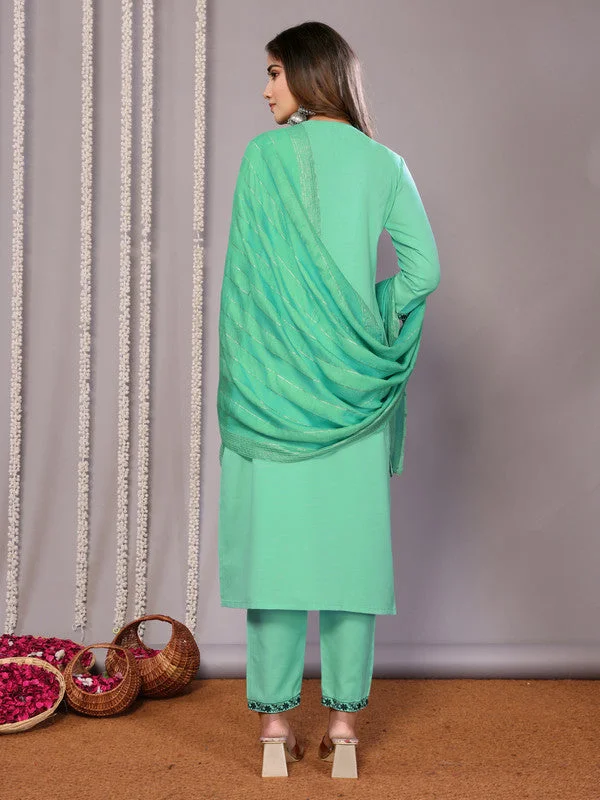 NOZ2TOZ Women's Cotton Blend Embroidered Straight Kurta Pant With Dupatta - Green Comfortable Cargo Pants NOZ2TOZ Women's Cotton Blend Embroidered Straight Kurta Pant With Dupatta - Green Comfortable Cargo Pants