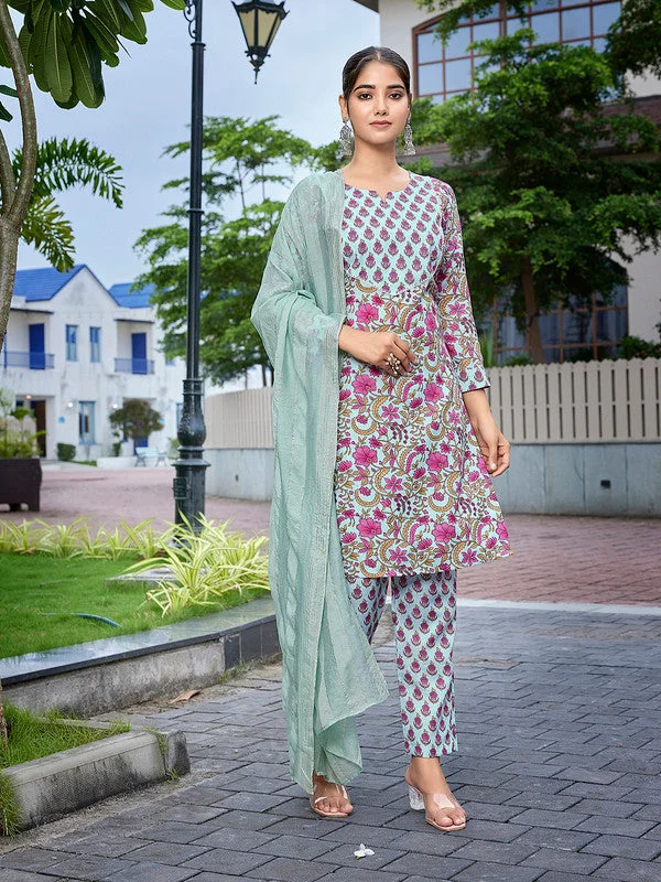 NOZ2TOZ Women's Cotton Blend Printed Straight Kurta Pant With Dupatta - Multicolor Comfy Athletic Pants NOZ2TOZ Women's Cotton Blend Printed Straight Kurta Pant With Dupatta - Multicolor Comfy Athletic Pants