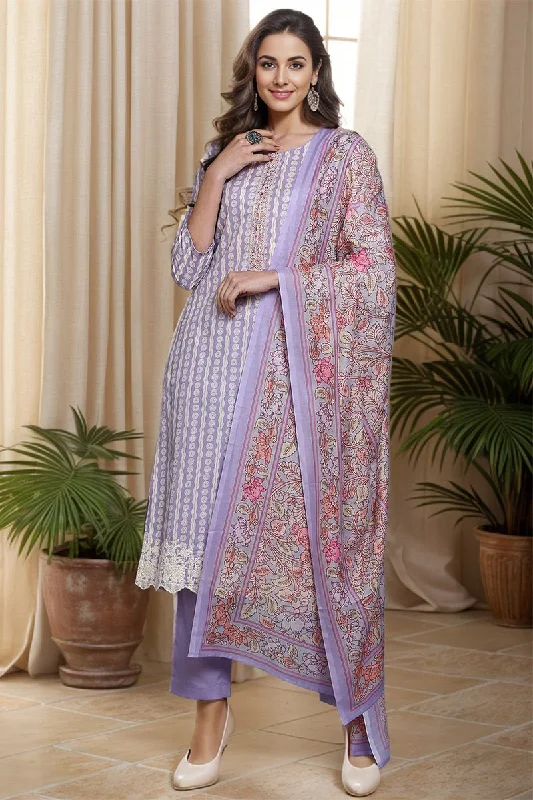Ahika Rayon Blend Lavender Printed Straight Kurta Pant With Dupatta Elegant Palazzo Trousers Ahika Rayon Blend Lavender Printed Straight Kurta Pant With Dupatta Elegant Palazzo Trousers