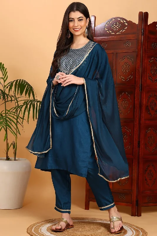 Ahika Silk Blend Teal Embroidered Straight Kurta Pant With Dupatta Soft Wool Pants