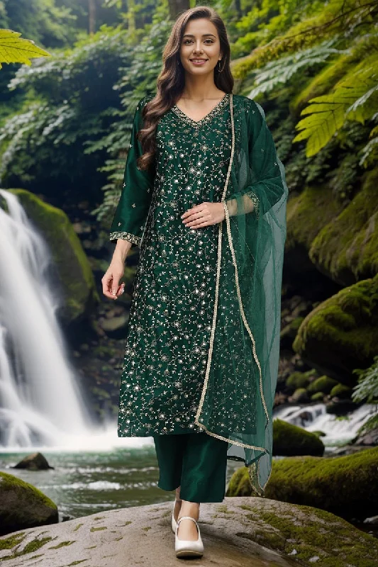 Ahika Green Silk Blend Embroidered Kurta Pant With Dupatta Comfy Cargo Trousers