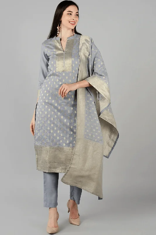 Ahika Grey Poly Chanderi Straight Kurta Pant With Dupatta Stylish Paperbag Waist Pants Ahika Grey Poly Chanderi Straight Kurta Pant With Dupatta Stylish Paperbag Waist Pants