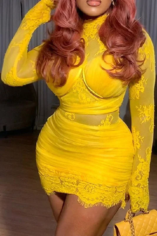 Solid Color Lace Kitsch See-Through Bodycon Mini Dress Stylish Sweetheart Neck Mini Dress