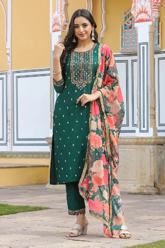 Ahika Green Silk Blend Embroidered Kurta Pant With Dupatta Casual Plaid Pants