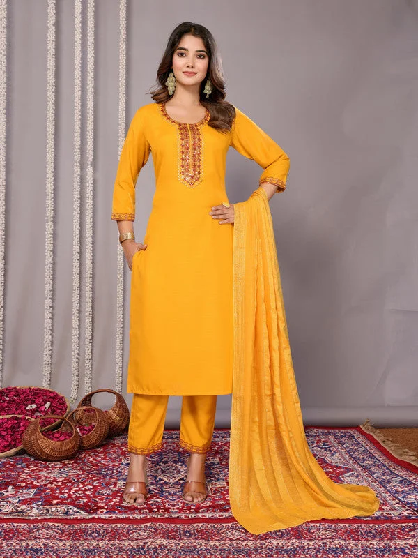 NOZ2TOZ Women's Cotton Blend Embroidered Straight Kurta Pant With Dupatta - Mustard Fashionable Jogger Pants NOZ2TOZ Women's Cotton Blend Embroidered Straight Kurta Pant With Dupatta - Mustard Fashionable Jogger Pants