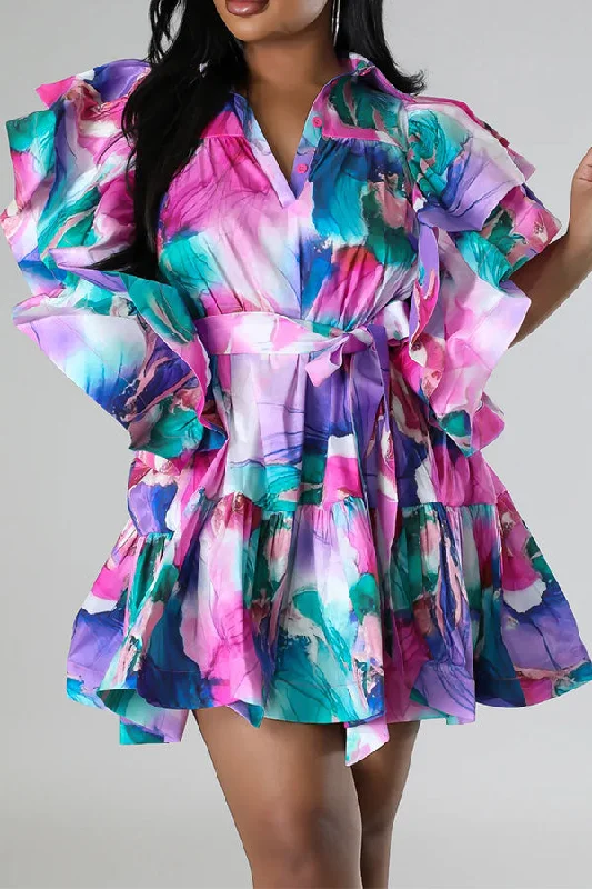 Floral Print Urban Ruffle Lace-Up Mini Dress Casual Button-Up Mini Dress