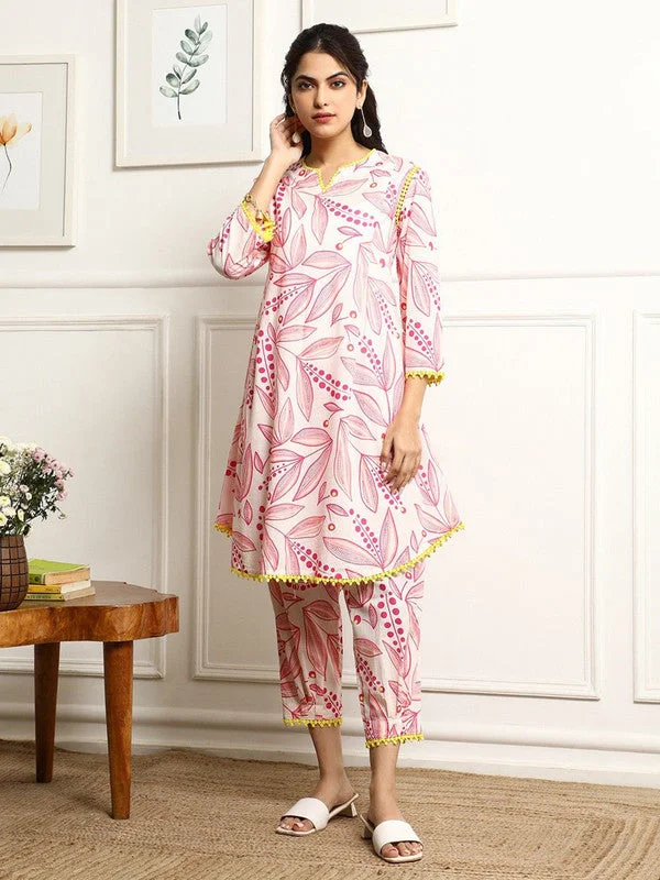 NOZ2TOZ Women's Printed A-Line Kurta With Pant Set - Pink Elegant Wool Trousers