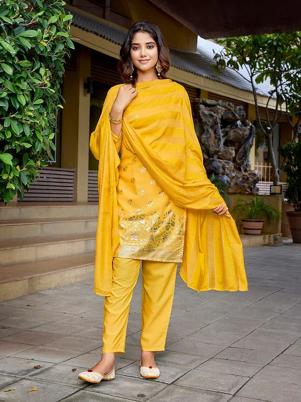 NOZ2TOZ Women's Crepe Foil Printed Straight Kurta Pant With Dupatta - Yellow Soft Wool Pants NOZ2TOZ Women's Crepe Foil Printed Straight Kurta Pant With Dupatta - Yellow Soft Wool Pants