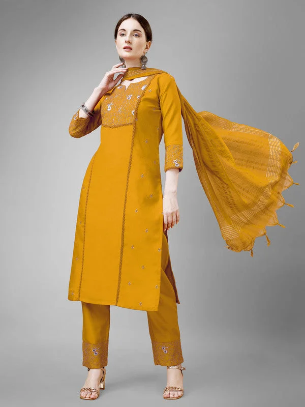 NOZ2TOZ Women Embroidered Cotton Blend Kurta Pant Dupatta Set - Yellow Relaxed High-Waist Trousers NOZ2TOZ Women Embroidered Cotton Blend Kurta Pant Dupatta Set - Yellow Relaxed High-Waist Trousers