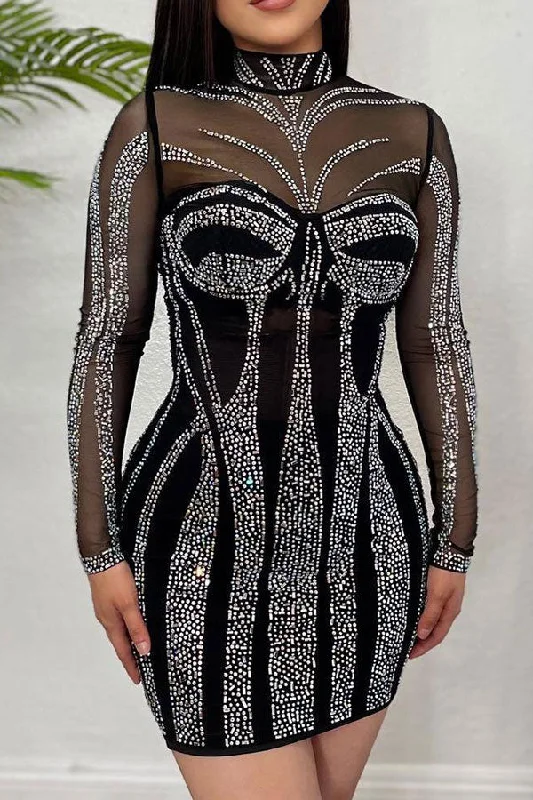 Rhinestone Party See-Through Bodycon Mini Dress Fashionable Pleated Mini Dress