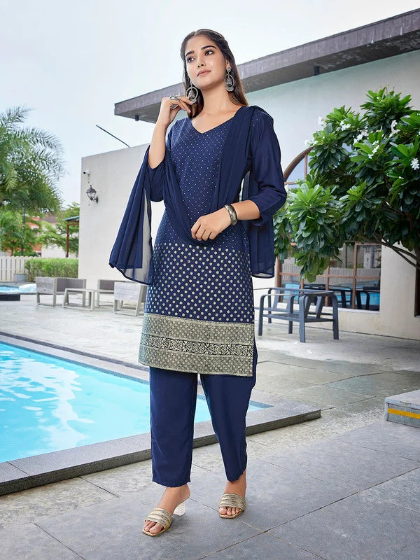 NOZ2TOZ Women's Crepe Printed Straight Kurta Pant With Dupatta - Navy Blue Formal Stretch Pants NOZ2TOZ Women's Crepe Printed Straight Kurta Pant With Dupatta - Navy Blue Formal Stretch Pants