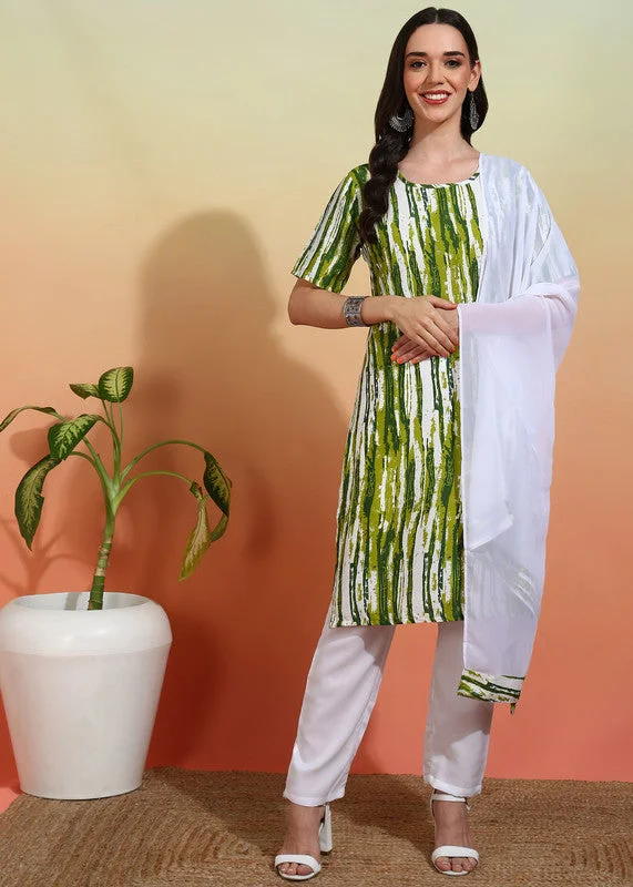 NOZ2TOZ Women's Crepe Printed Straight Kurta Pant With Dupatta - Green & White Classic Bootcut Trousers NOZ2TOZ Women's Crepe Printed Straight Kurta Pant With Dupatta - Green & White Classic Bootcut Trousers