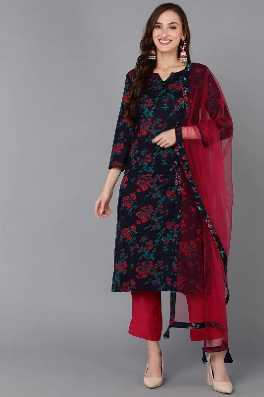 Ahika Navy Blue Rayon Blend Floral Straight Kurta Pant With Dupatta Chic Faux Leather Pants Ahika Navy Blue Rayon Blend Floral Straight Kurta Pant With Dupatta Chic Faux Leather Pants