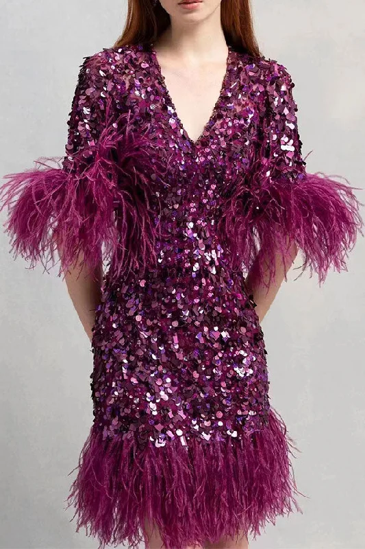 Sequined Sparkly Feather Patchwork Mini Dress Elegant Off-Shoulder Dress Mini
