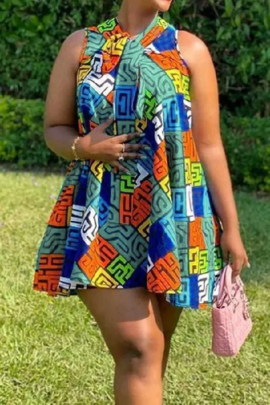 Multicolor Geometric Print Urban Mini Dress With Tie Stylish Ruffle Mini Dress