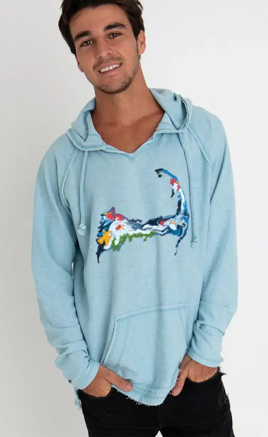 Cape Cod Reverse French Terry Hoodie -Water: XLarge Hoodie with Hem Frayed Vintage Worn Cape Cod Reverse French Terry Hoodie -Water: XLarge Hoodie with Hem Frayed Vintage Worn