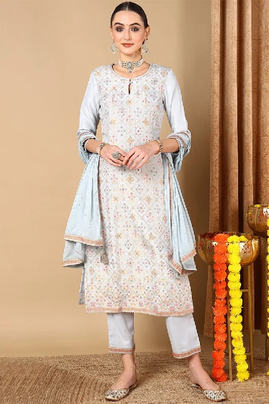 Ahika Blue Silk Blend Straight Woven Design Kurta Pant With Dupatta Chic Capri Pants Ahika Blue Silk Blend Straight Woven Design Kurta Pant With Dupatta Chic Capri Pants