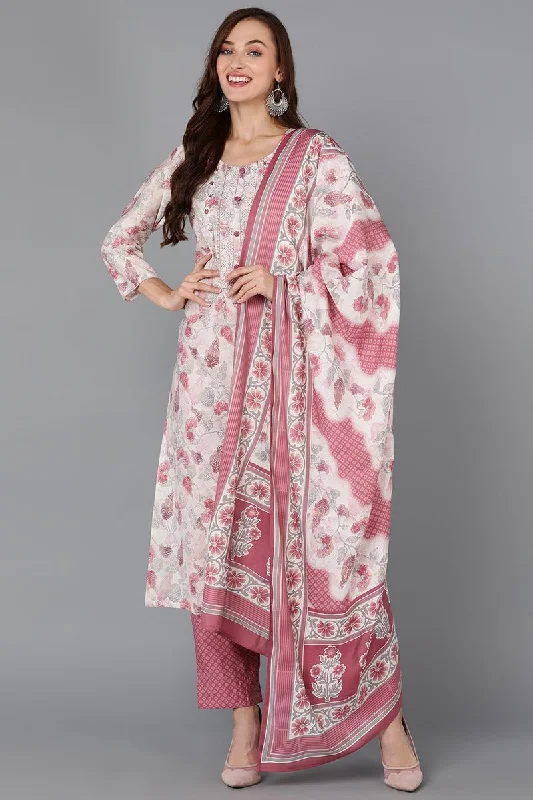 Ahika Off White Silk Blend Floral Straight Kurta Pant With Dupatta Cozy Knit Pants
