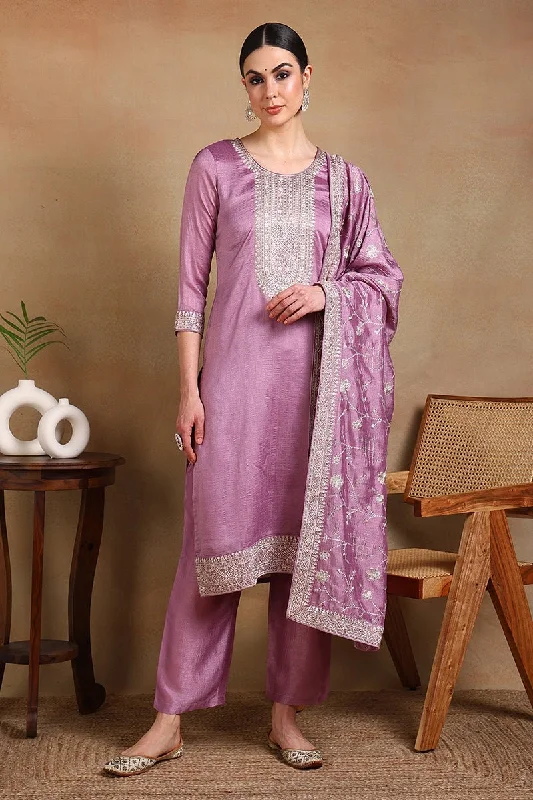 Ahika Lavender Silk Blend Straight Kurta Pant With Dupatta Wide-Legged Palazzos