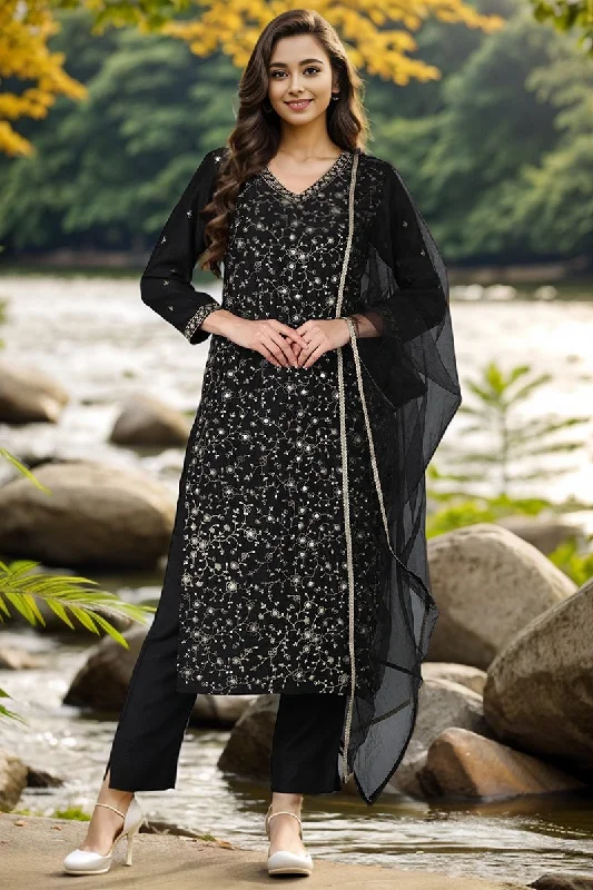 Ahika Black Silk Blend Embroidered Kurta Pant With Dupatta Classic Cropped Pants