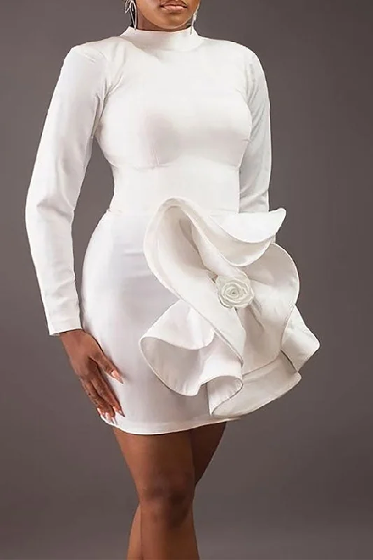 Solid Color 3D Flower Decor Unique Mini Dress Casual High-Waist Mini Dress