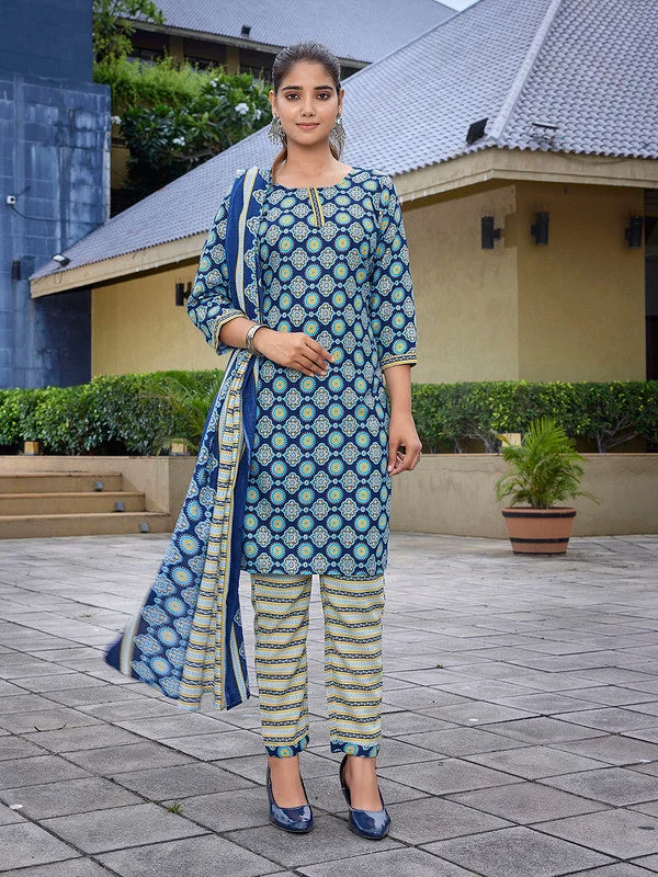 NOZ2TOZ Women's Cotton Blend Printed Straight Kurta Pant With Dupatta - Blue Fashionable Sporty Pants NOZ2TOZ Women's Cotton Blend Printed Straight Kurta Pant With Dupatta - Blue Fashionable Sporty Pants