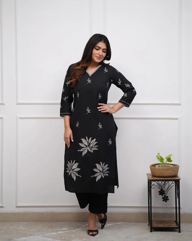NOZ2TOZ Women's Viscose Floral Embroidered Straight Kurta Set With Pant - Black Classic Cropped Pants NOZ2TOZ Women's Viscose Floral Embroidered Straight Kurta Set With Pant - Black Classic Cropped Pants
