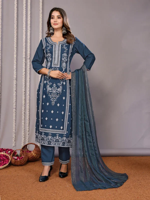 NOZ2TOZ Women's Cotton Blend Printed Straight Kurta Pant With Dupatta - Teal Blue Cozy Full-Length Pants NOZ2TOZ Women's Cotton Blend Printed Straight Kurta Pant With Dupatta - Teal Blue Cozy Full-Length Pants