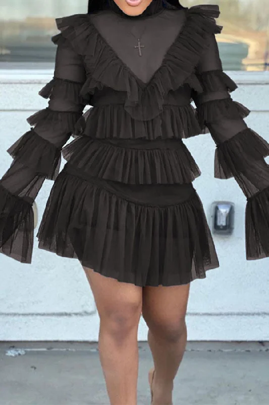 Solid Color Sweet Mesh Tiered Ruffle Mini Dress Cozy T-Shirt Mini Dress