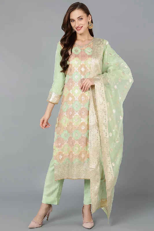 Ahika Poly Chanderi Straight Kurta Pant With Dupatta Comfortable Wide-Leg Pants