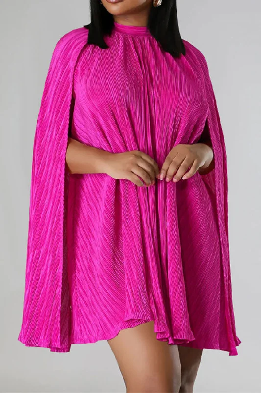 Solid Color Cape Sleeve Striking Pleated Mini Dress Cozy Knit Mini Dress