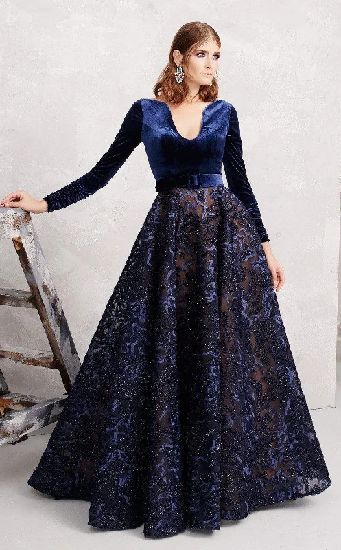MNM Couture - N0263 Modified Neck Velvet Glittered Dress Pencil Office Professional