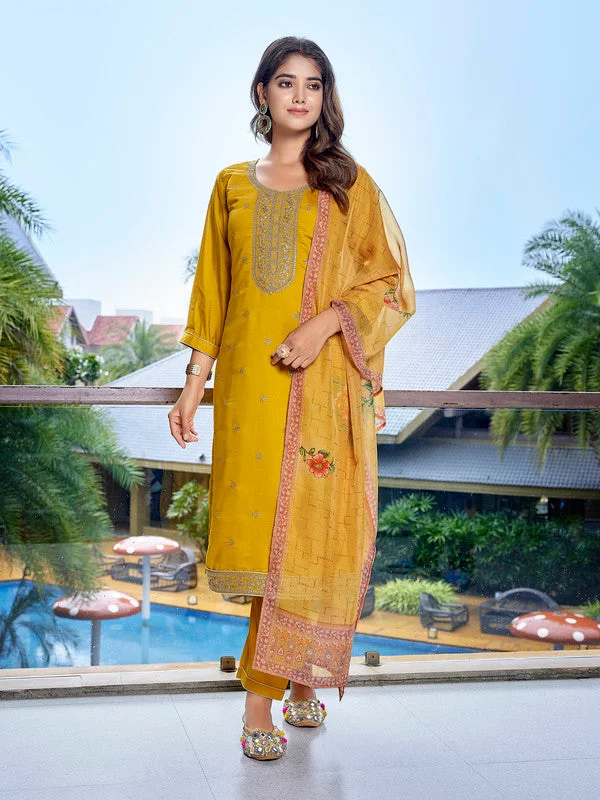 NOZ2TOZ Women's Viscose Chanderi Embroidered Straight Kurta Pant With Dupatta - Yellow Lightweight Linen Pants NOZ2TOZ Women's Viscose Chanderi Embroidered Straight Kurta Pant With Dupatta - Yellow Lightweight Linen Pants