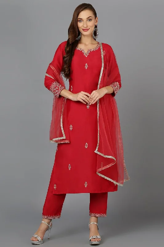 Ahika Red Silk Blend Straight Kurta Pant With Dupatta Classic Straight Pants