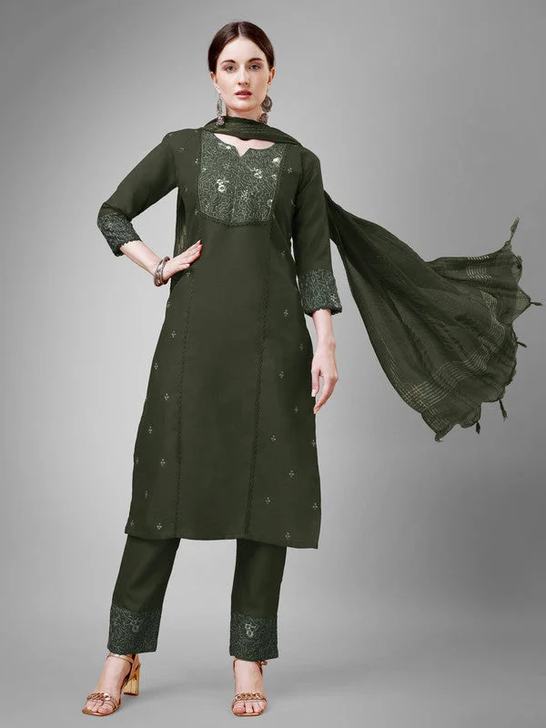 NOZ2TOZ Women Embroidered Cotton Blend Kurta Pant Dupatta Set - Dark Green Stylish Slim Trousers NOZ2TOZ Women Embroidered Cotton Blend Kurta Pant Dupatta Set - Dark Green Stylish Slim Trousers
