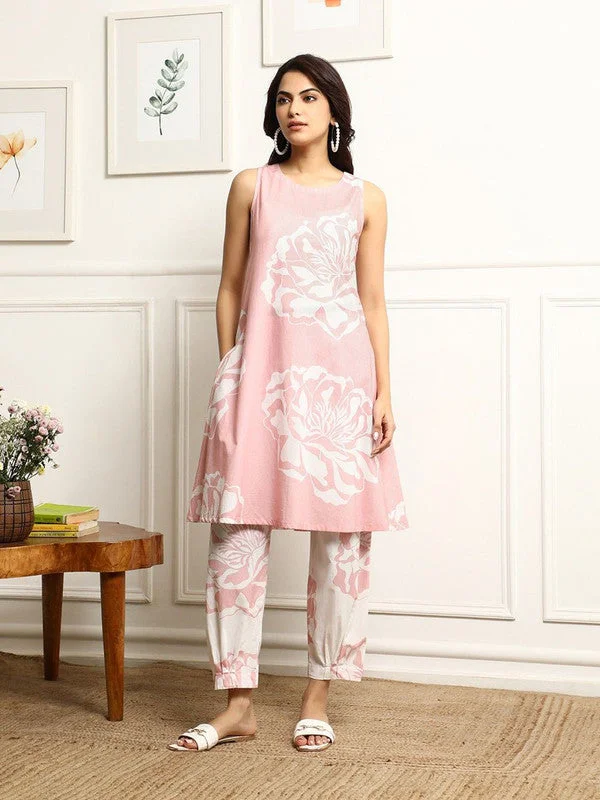 NOZ2TOZ Women's Printed Flared Kurta With Pant Set - Pink Casual Sweatpants Style