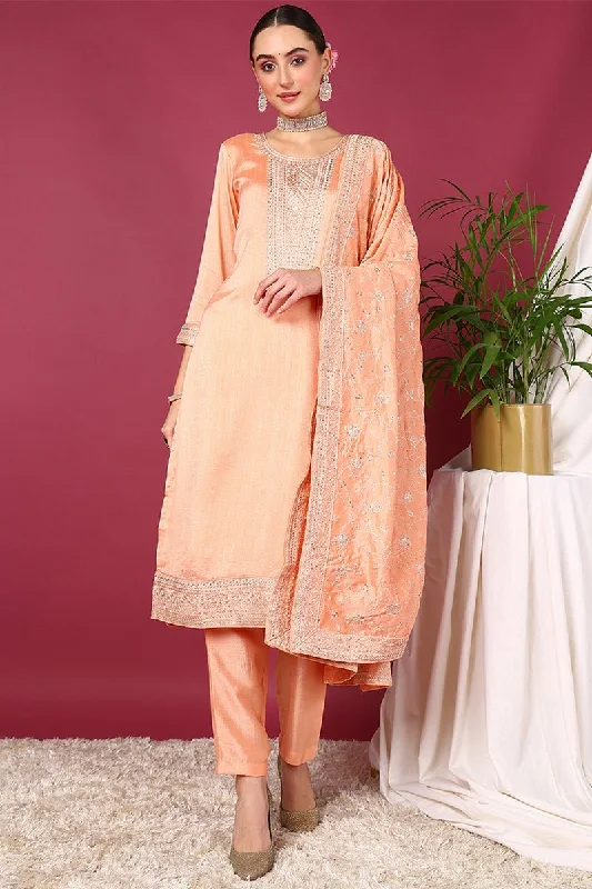 Ahika Peach Silk Blend Straight Kurta Pant With Dupatta Trendy Wide-Leg Pants