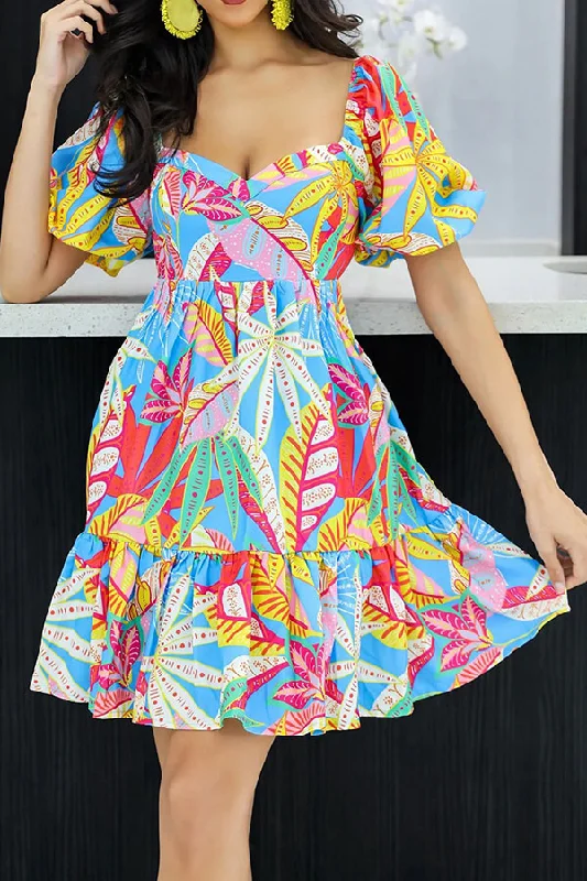 Floral Print Cute Puff Sleeve Ruffle Hem Mini Dress Stylish Ruffle Mini Dress
