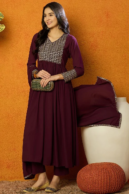 Ahika Burgundy Georgette Yoke Design Kurta Pant With Dupatta Elegant High-Waist Pants Ahika Burgundy Georgette Yoke Design Kurta Pant With Dupatta Elegant High-Waist Pants