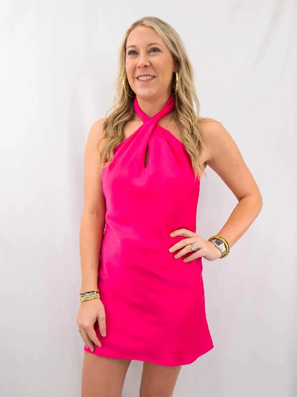 Hot Pink Cross High Neck Satin Dress Floral Print girly