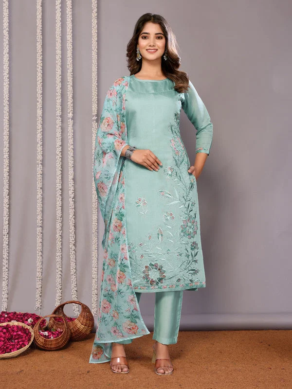 NOZ2TOZ Women's Embroidered Straight Kurta Pant With Dupatta - Sea Blue Modern Skinny Pants NOZ2TOZ Women's Embroidered Straight Kurta Pant With Dupatta - Sea Blue Modern Skinny Pants