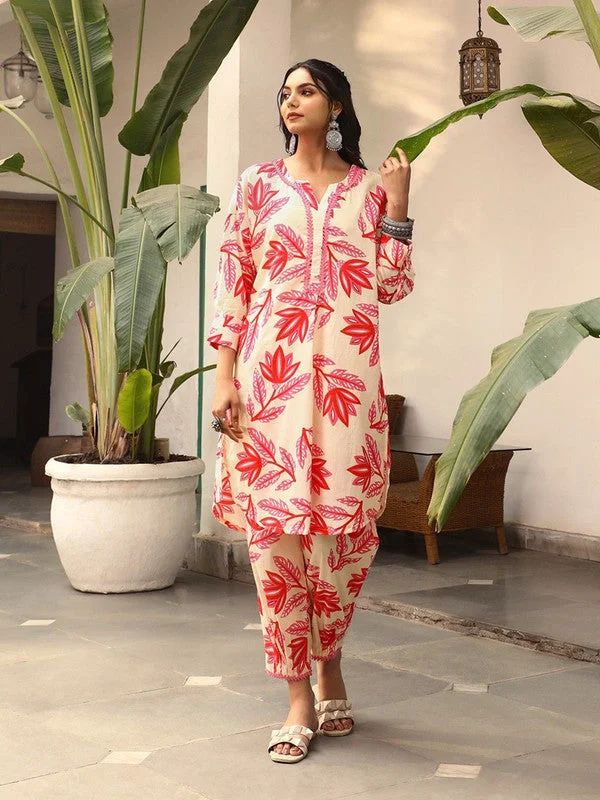 NOZ2TOZ Women's Printed A-Line Kurta With Pant Set - Red & Beige Trendy Printed Leggings NOZ2TOZ Women's Printed A-Line Kurta With Pant Set - Red & Beige Trendy Printed Leggings