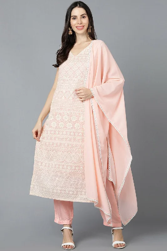 Ahika Peach Poly Georgette Straight Kurta Pant With Dupatta Set Comfortable Pleated Pants