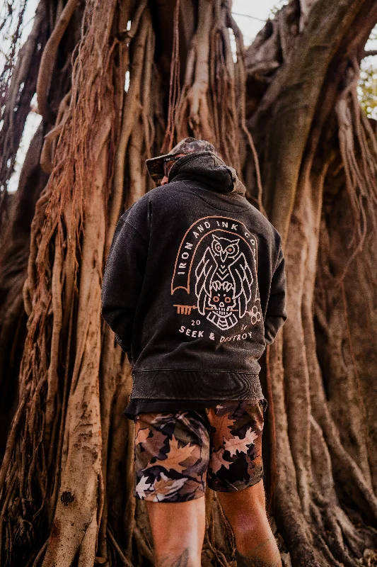 New "Seek and Destroy" heavy wt acid wash hoodie-Black Hoodie with Thumb Holes Functional Cozy
