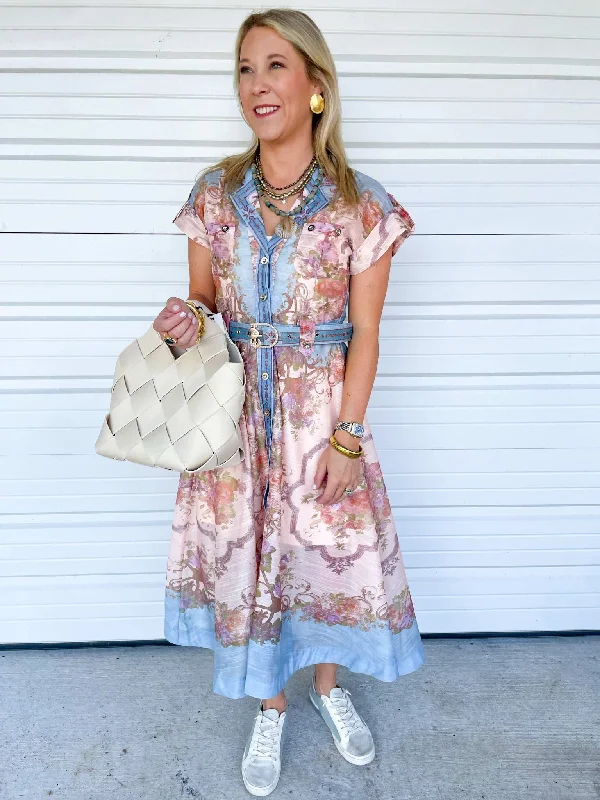 Pink Floral Print Midi Belted Dress Tunics Luxurious high-end