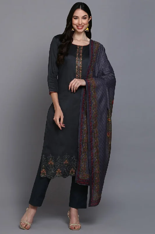 Ahika Silk Blend Grey Embroidered Straight Kurta Pant With Dupatta Elegant Trouser Pants Ahika Silk Blend Grey Embroidered Straight Kurta Pant With Dupatta Elegant Trouser Pants