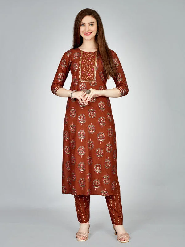 NOZ2TOZ Women Embroidered Rayon Kurta Pant Set - Brown Formal Stretch Pants