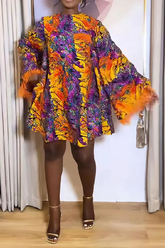 Abstract Print Feather Trim Trumpet Sleeve Relaxed Mini Dress Stylish Puff Sleeve Mini Dress Abstract Print Feather Trim Trumpet Sleeve Relaxed Mini Dress Stylish Puff Sleeve Mini Dress